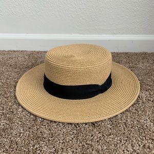 Tan w/ Black Ribbon Boater Hat
